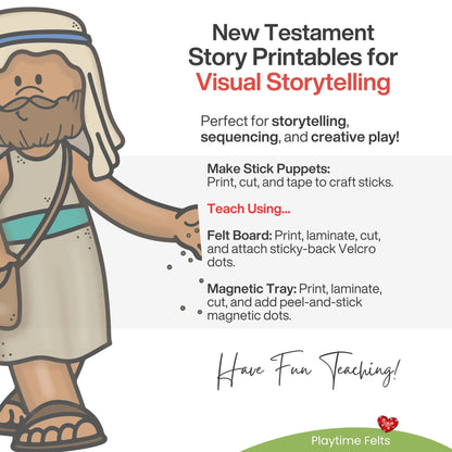 Cartoon character holding a stick with text about New Testament story printables for visual storytelling.