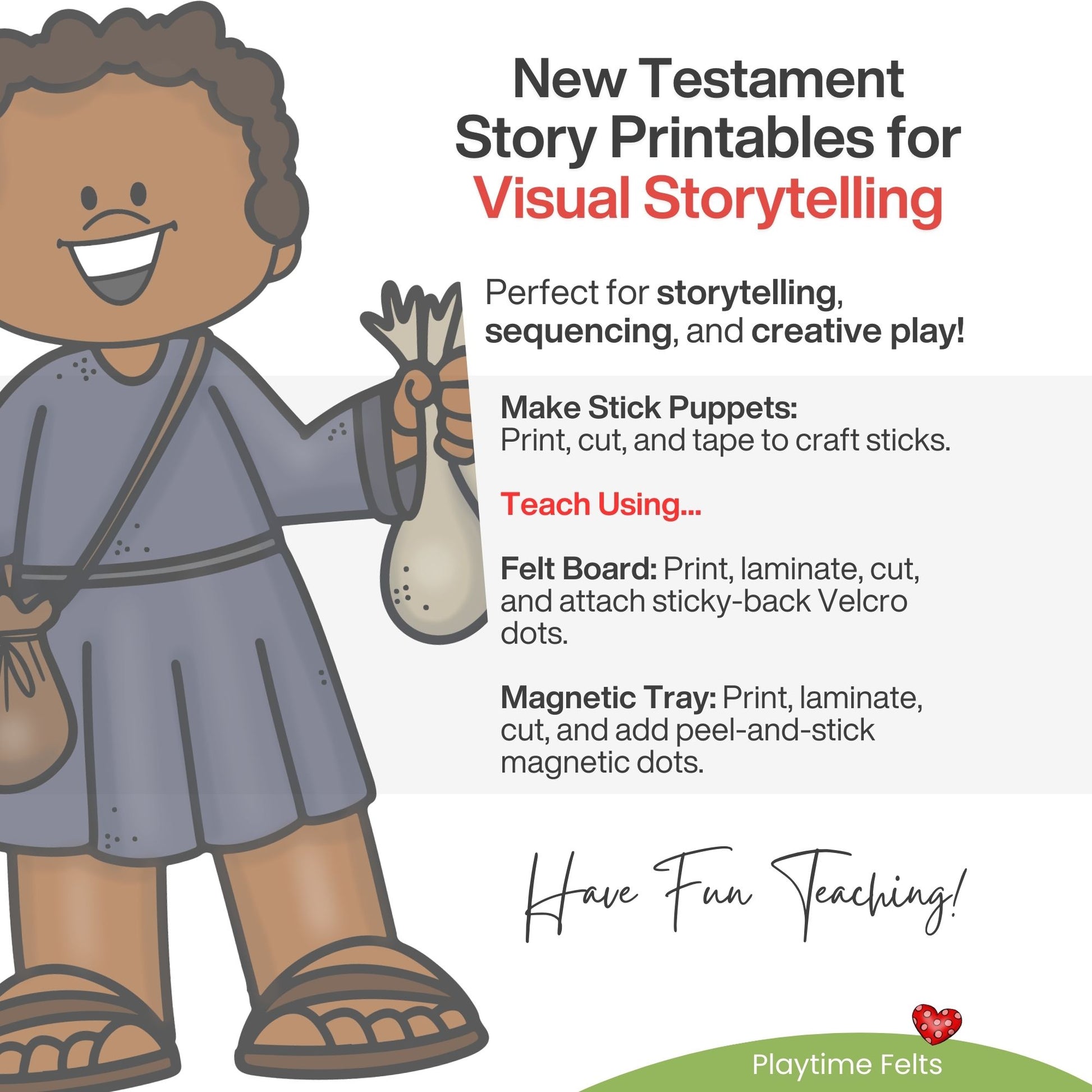 Cartoon character holding a bag with text about New Testament story printables for visual storytelling.