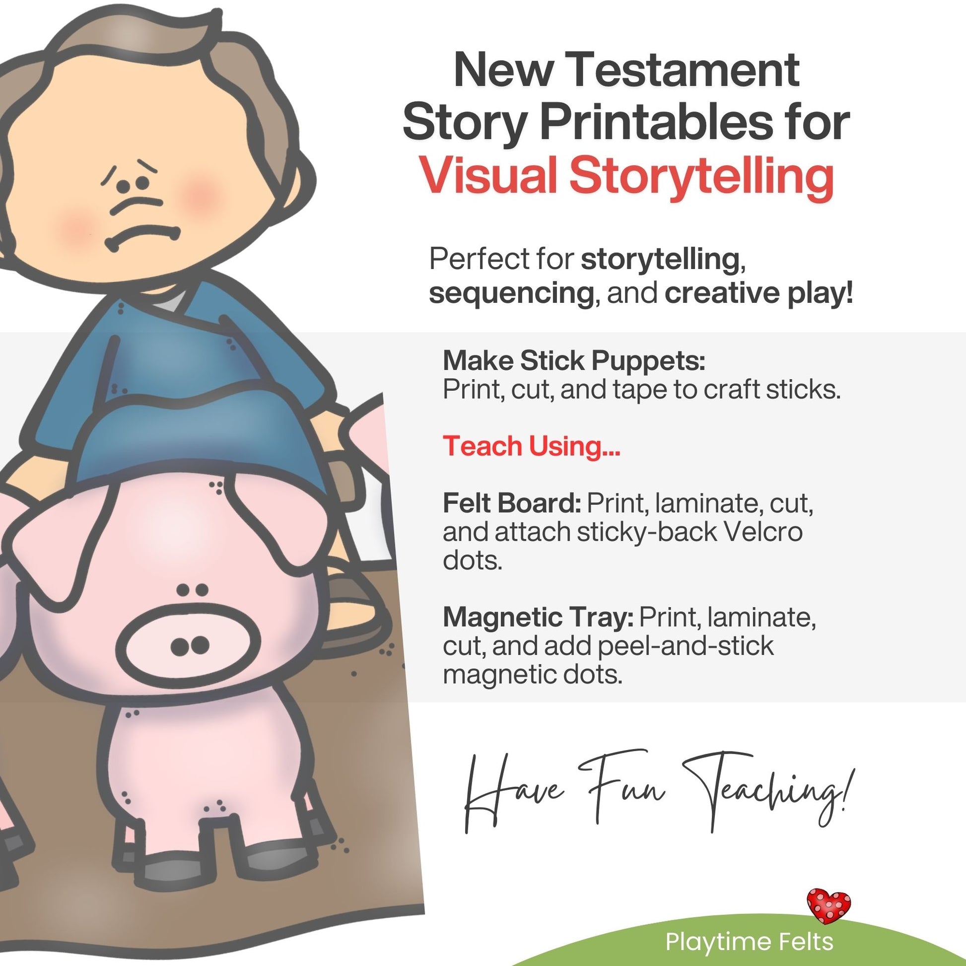 Cartoon character with a pig and text about New Testament story printables for visual storytelling.