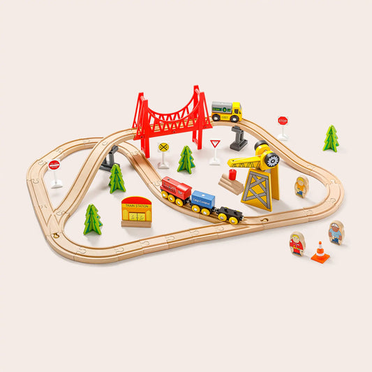 Complete 55-piece Tiny Land wooden crane train set with cargo and tracks