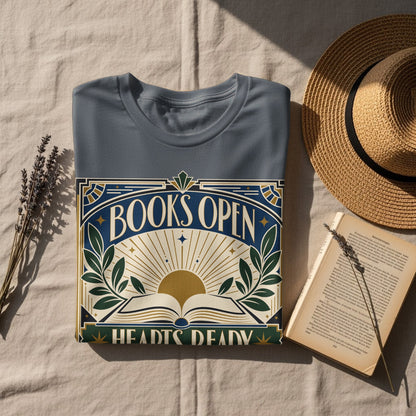 Grey t-shirt with "Books Open Hearts Ready" art design featuring an open book.