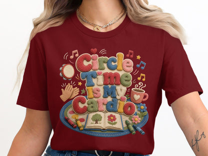 Maroon t-shirt with "Circle Time Is My Cardio" text and artsy elements.