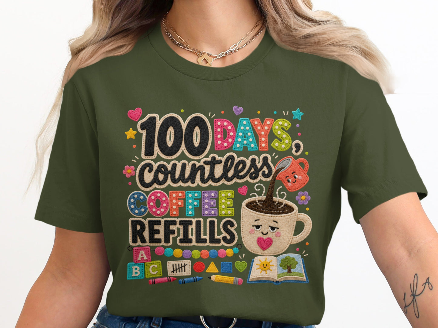 100 Days countless coffee refills t-shirt with cute coffee cup and school icons.