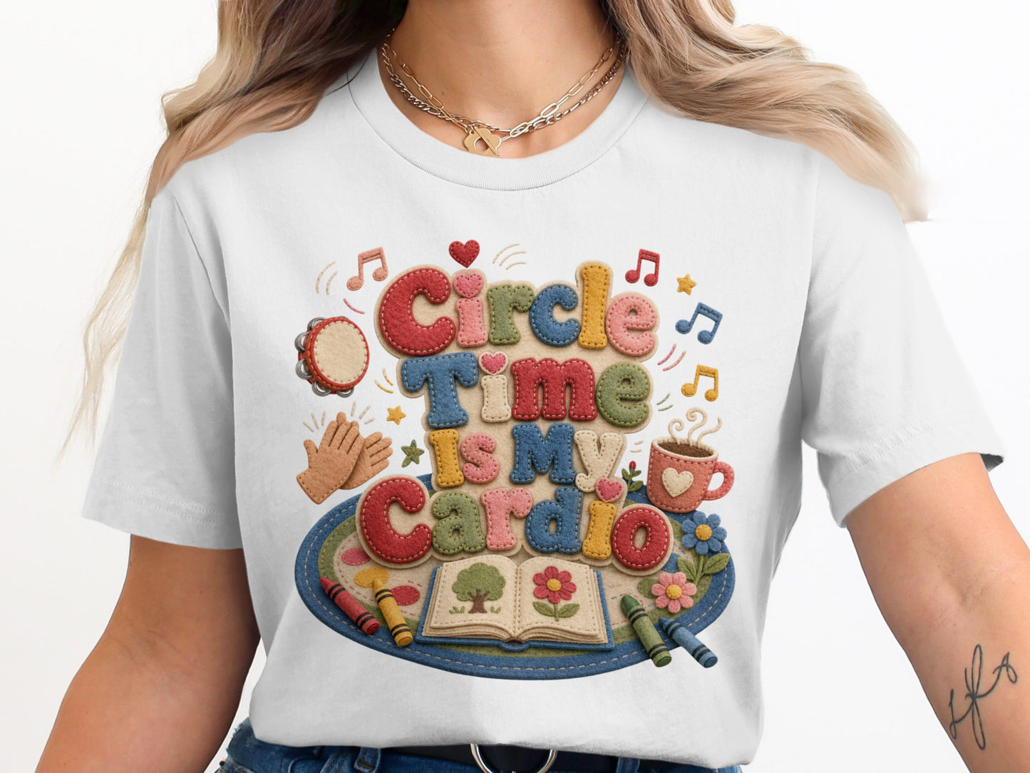 Circle Time Is My Cardio graphic with music, crayons, book, and coffee cup.