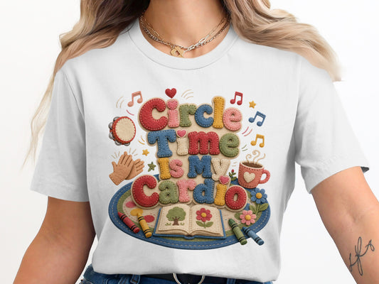 Circle Time Is My Cardio graphic with music, crayons, book, and coffee cup.