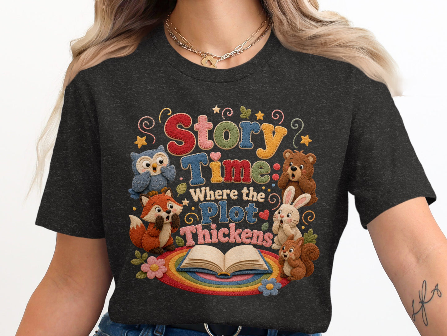"Story Time Where the Plot Thickens" graphic with animals and an open book.