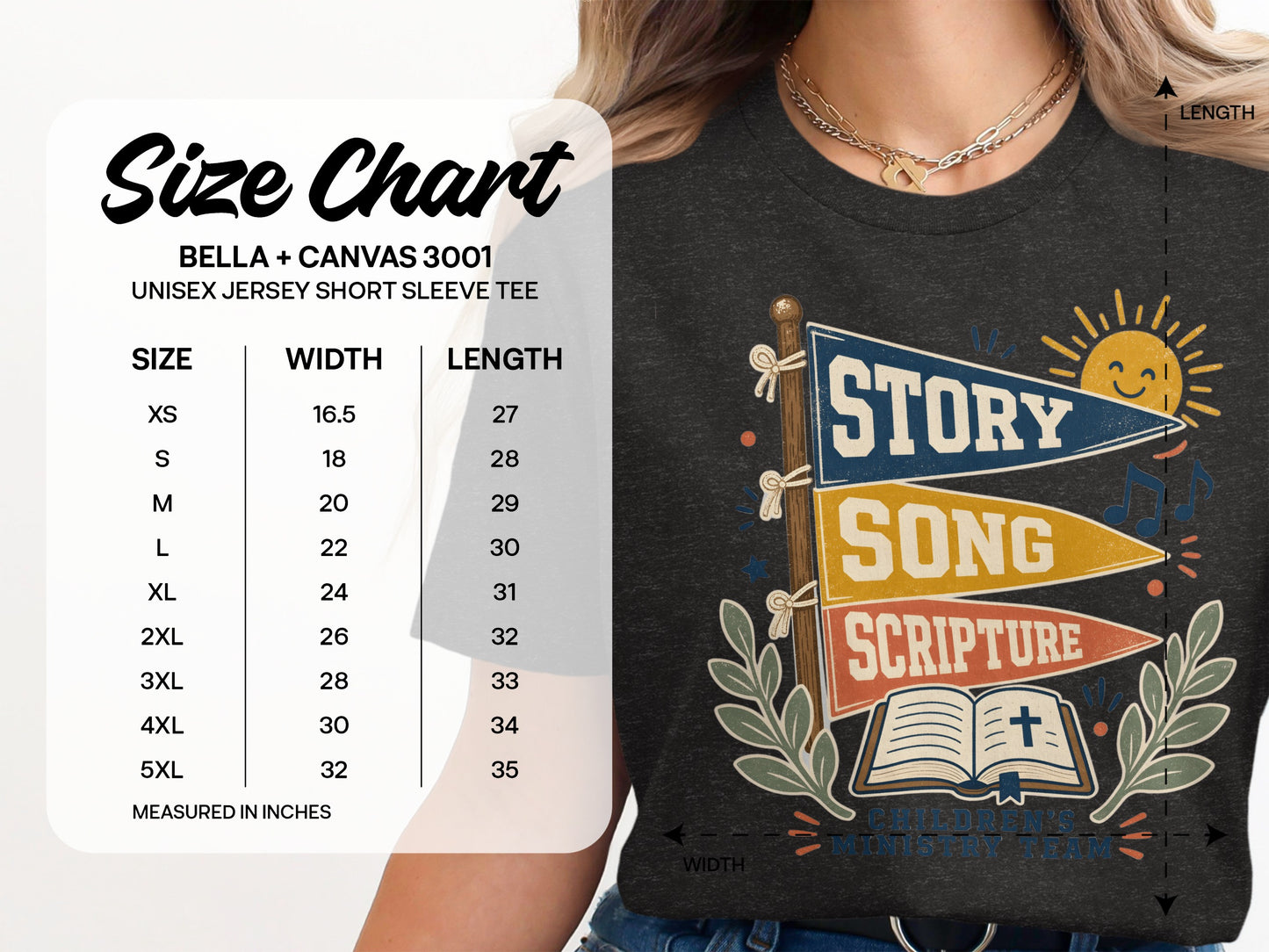 Bella + Canvas 3001 size chart for unisex short sleeve tee with "Story, Song, Scripture" graphic.