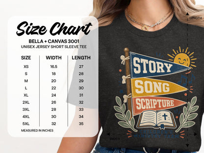 Bella + Canvas 3001 size chart for unisex short sleeve tee with "Story, Song, Scripture" graphic.