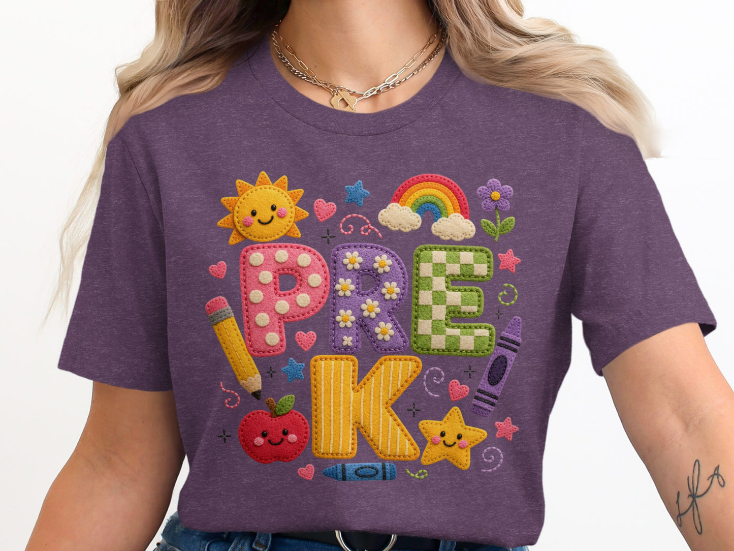 Purple t-shirt with "PRE K" and school icons.