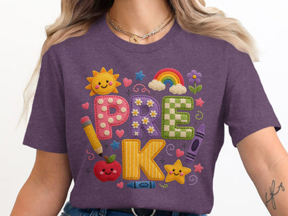 Purple t-shirt with "PRE K" and school icons.