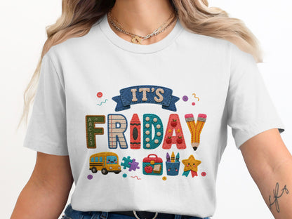 White t-shirt with "It's Friday" text and school-themed icons.
