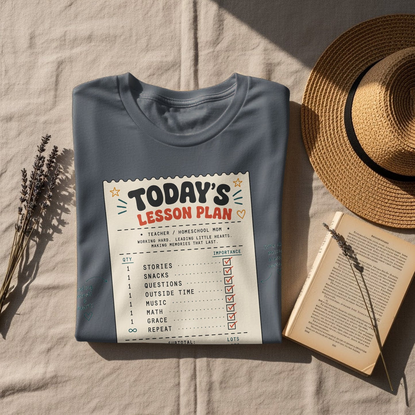 T-shirt with "Today's Lesson Plan" design in a checklist format.
