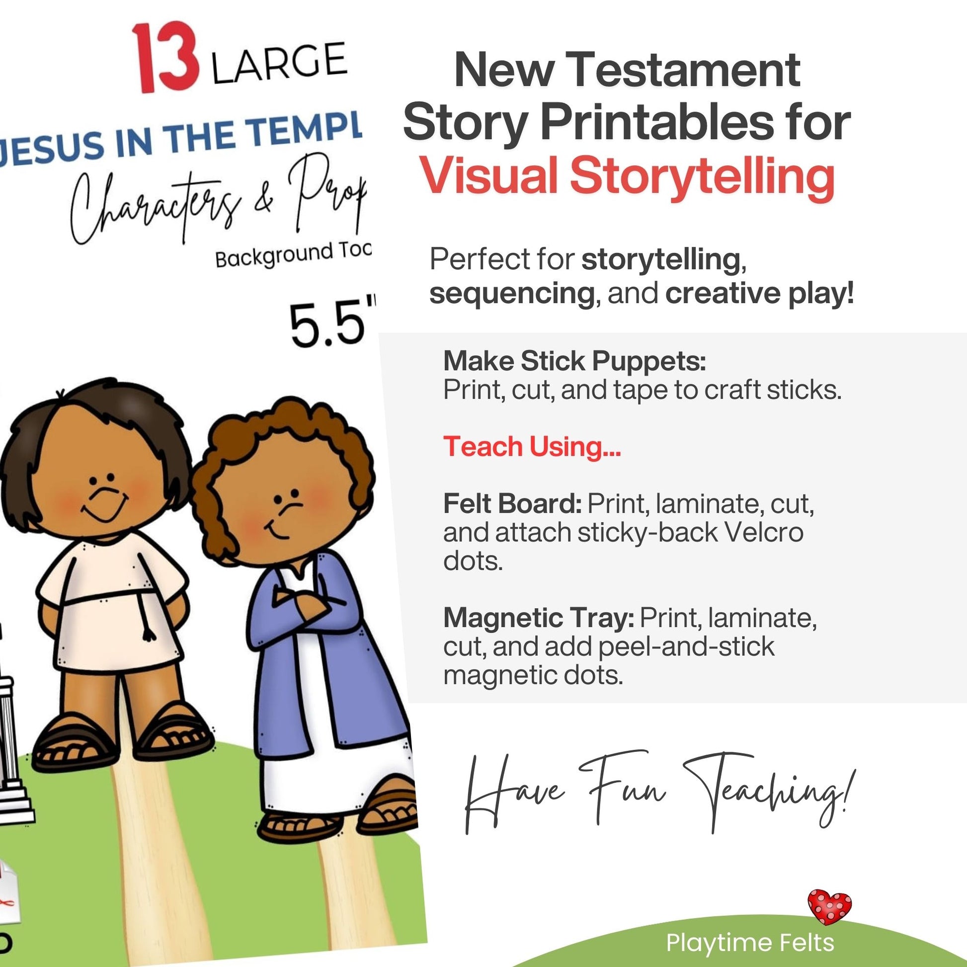  New Testament story printables with characters and props, including text about stick puppets, felt board, and magnetic tray.