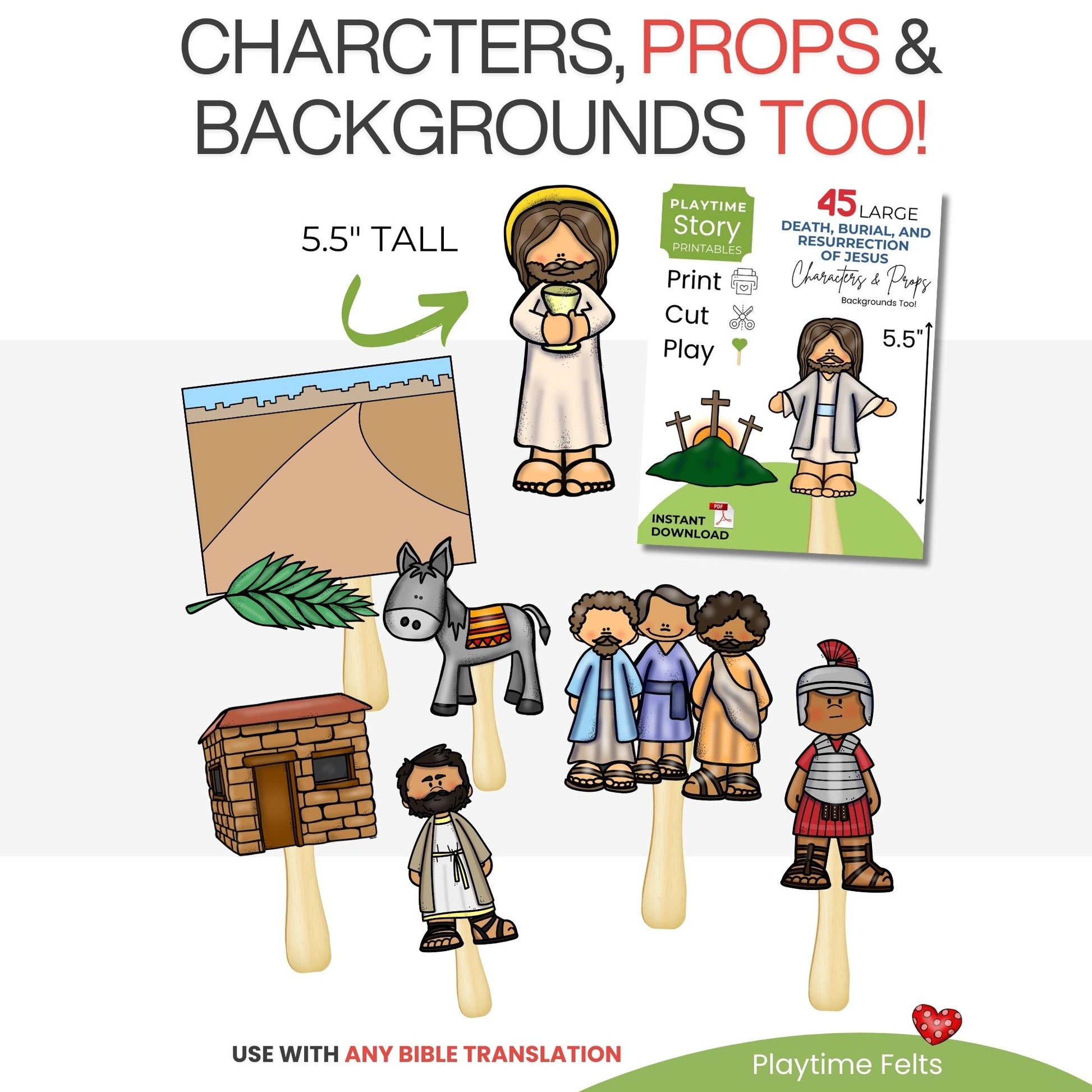 Playtime Felts product with religious figures, props, and backgrounds on a white background
