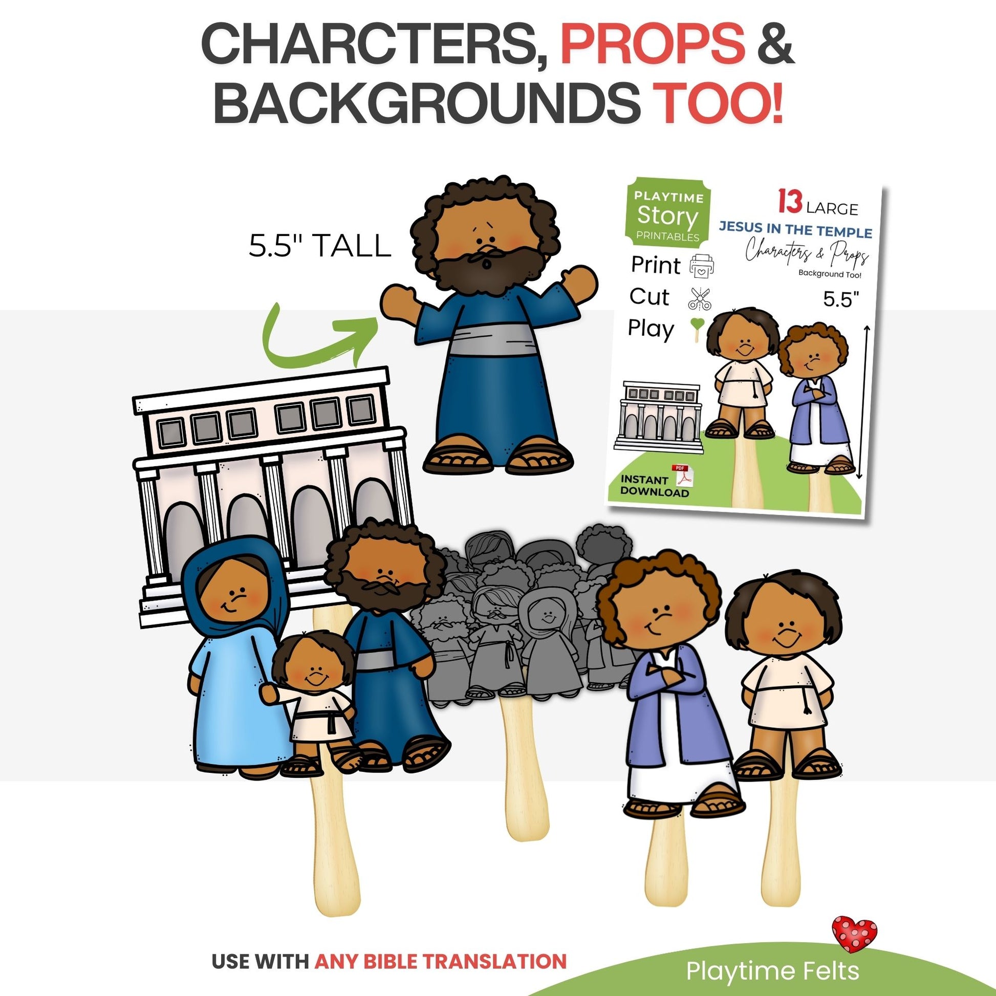 Illustrations of religious figures and props with text about character, prop, and background sets.