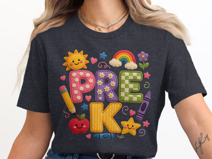 T-shirt with "PRE K" text and school supplies in a colorful, embroidered style.