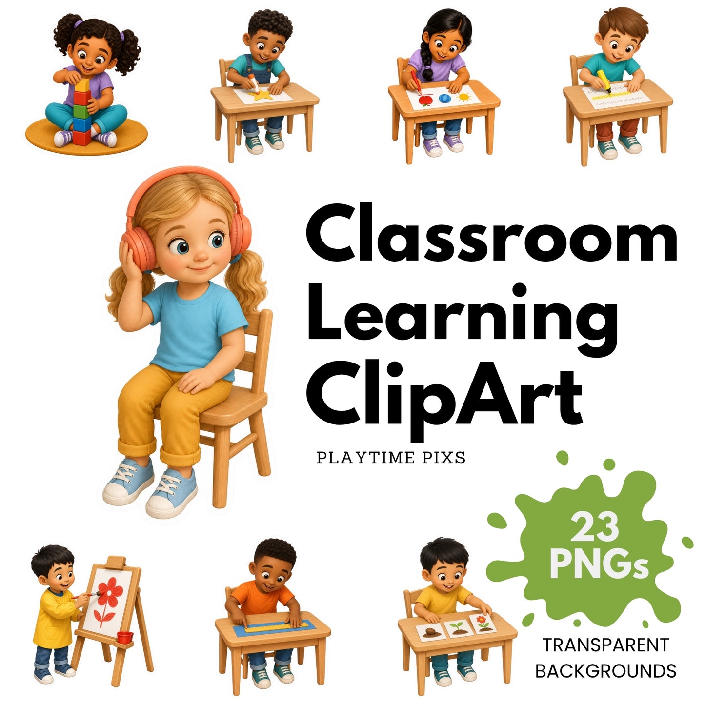 Kids Clipart Bundle: Classroom Learning Actions PNG Commercial Rights (Digital Download)