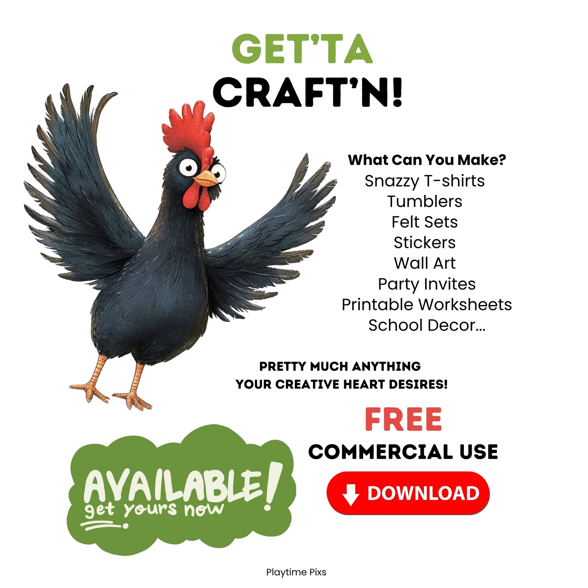 Promotional graphic with a rooster illustration and text about customizable products.