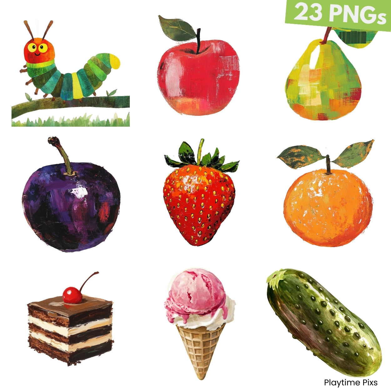 Hungry Caterpillar Clipart PNG Bundle: Eric Carle Style Images