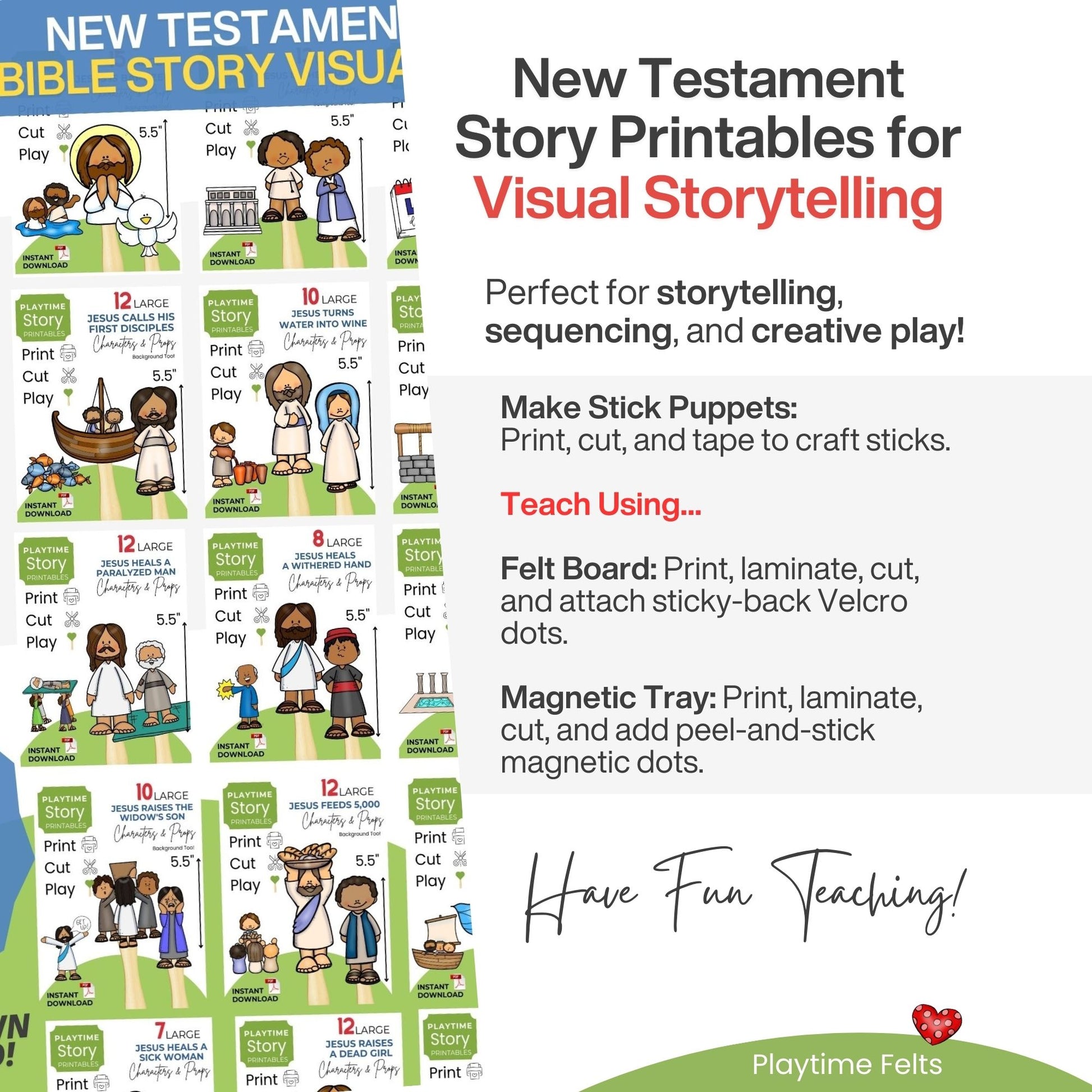 New Testament Bible story printables with illustrations and text on a white background.