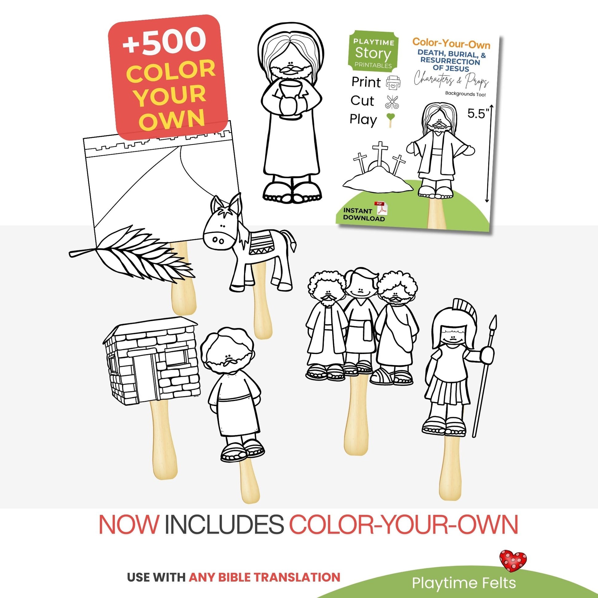 Color-your-own paper cutouts with Bible characters and a book titled 'Color Your Own' on a white background.