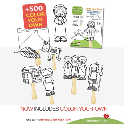Color-your-own paper cutouts with Bible characters and a book titled 'Color Your Own' on a white background.