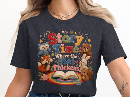 Story Time Where the Plot Thickens with animals and an open book graphic.