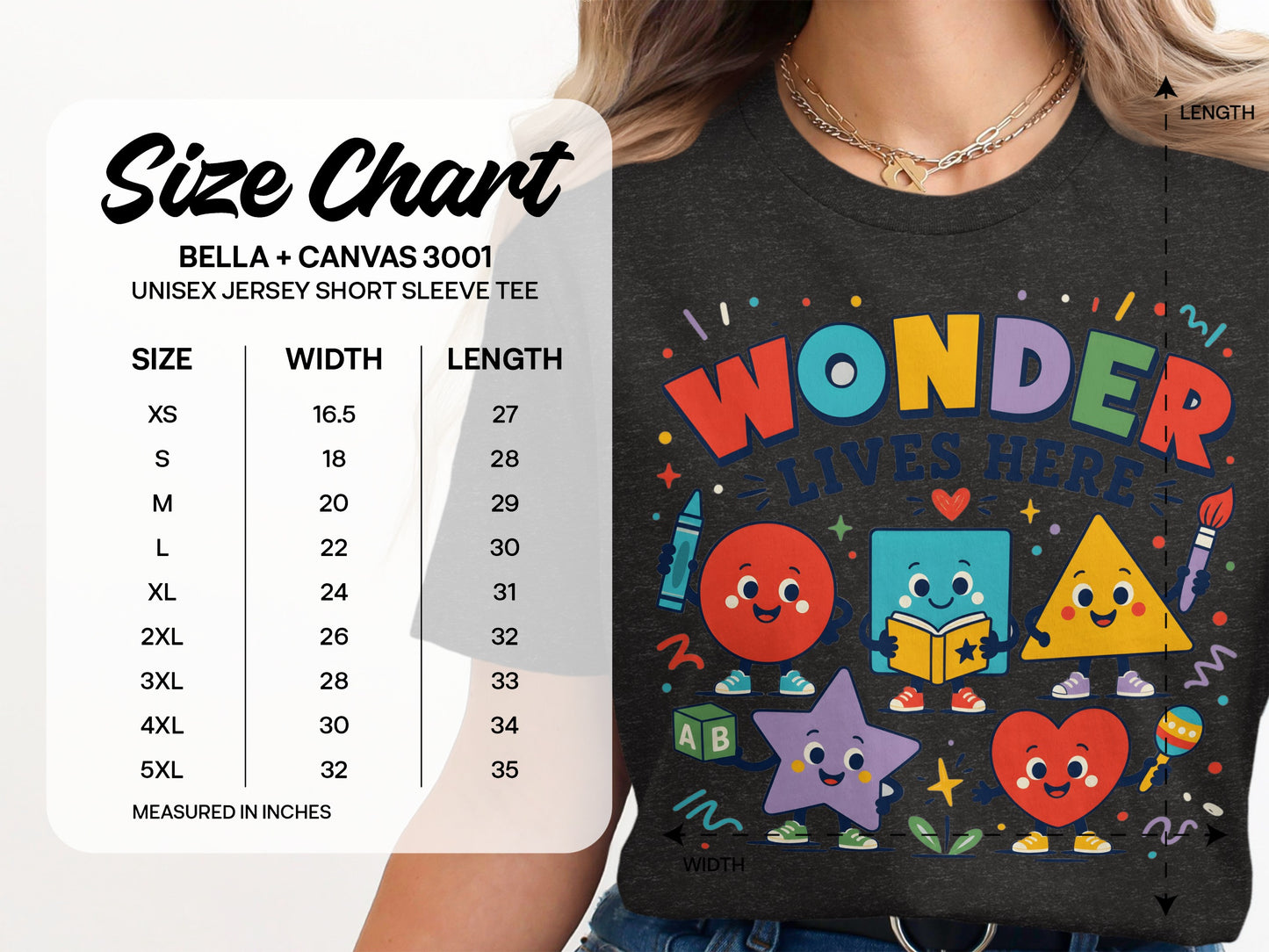 Size chart for Bella + Canvas 3001 unisex t-shirts with width and length measurements in inches.