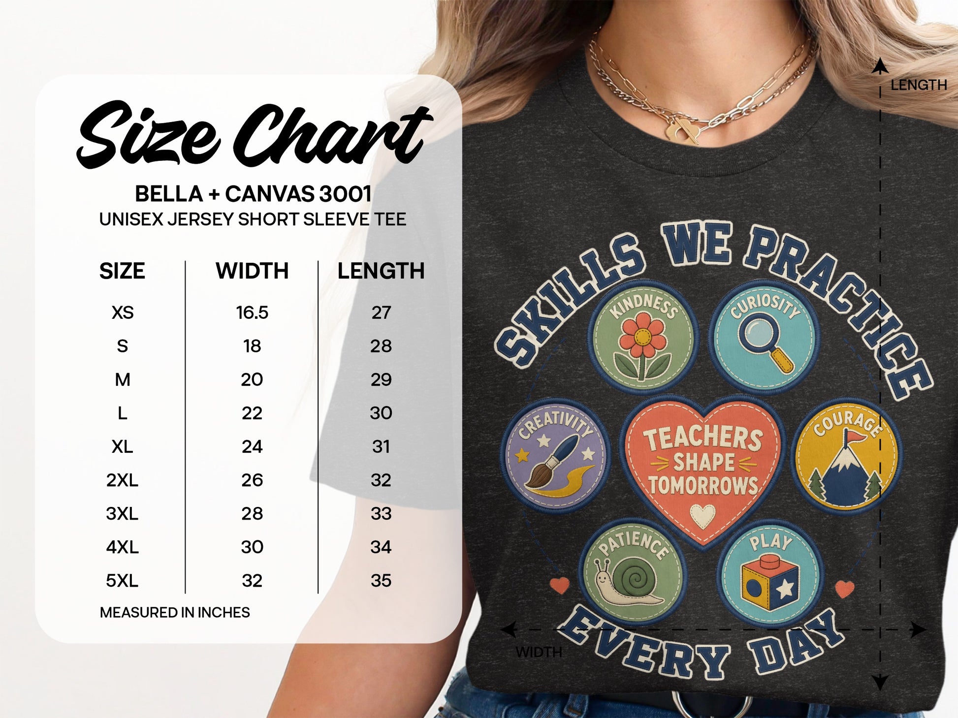Size chart for Bella+Canvas 3001 Unisex Jersey Short Sleeve Tee.
