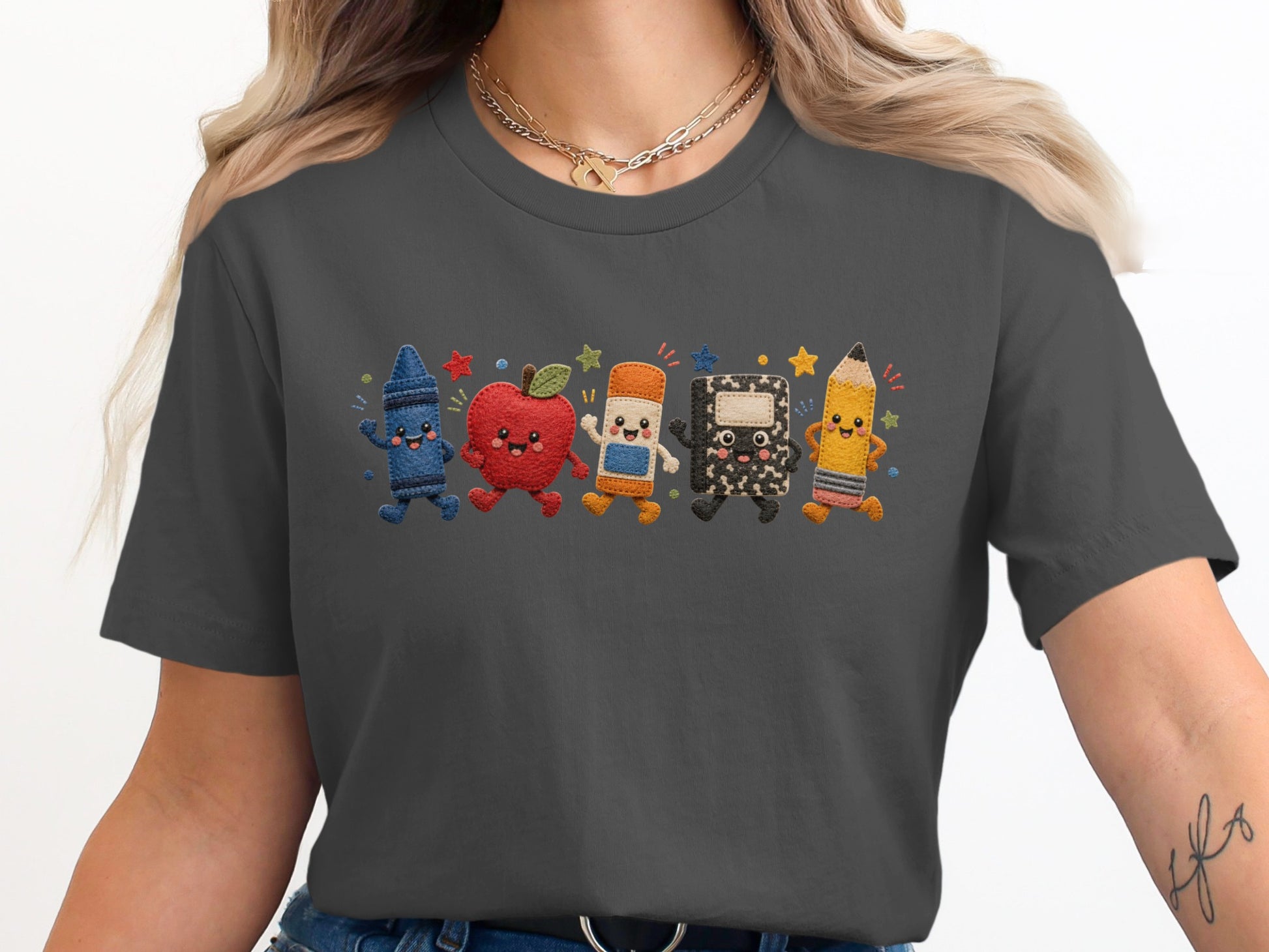 Cartoon school supplies walking together with stars and confetti.