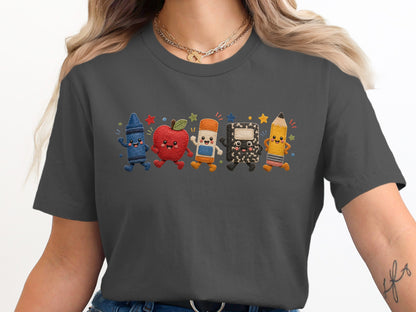 Cartoon school supplies walking together with stars and confetti.