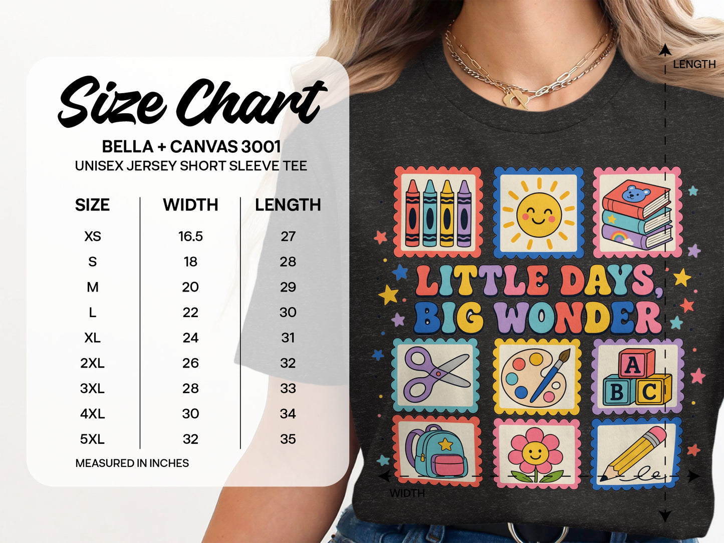 Size chart for Bella + Canvas 3001 unisex short sleeve tee with "Little Days, Big Wonder" graphic.
