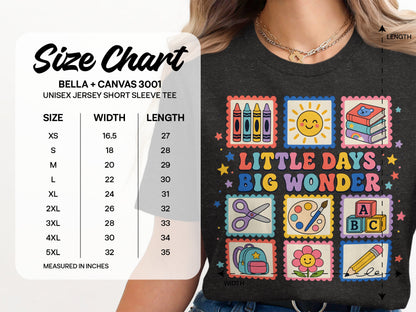 Size chart for Bella + Canvas 3001 unisex short sleeve tee with "Little Days, Big Wonder" graphic.