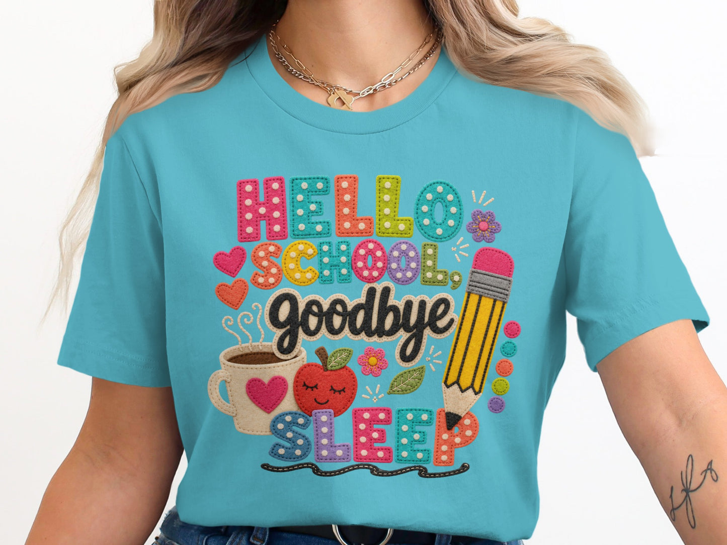 Text: Hello School Goodbye Sleep, with coffee, apple, pencil and hearts.