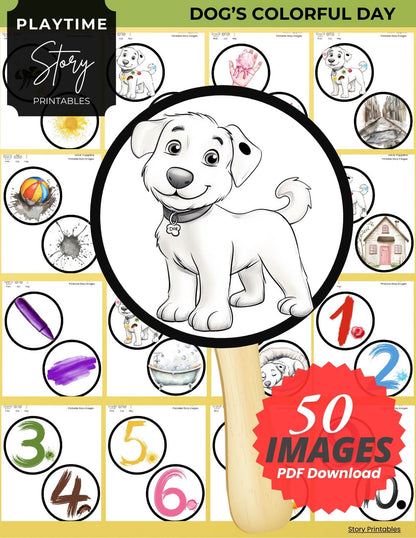 Storytelling printables showing Dog at the start of his adventure, featuring a clean pup ready for the day ahead. Complete set of printable characters and objects from Dog’s Colorful Day.