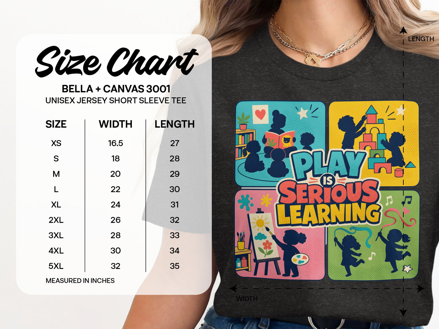 Unisex Bella+Canvas 3001 size chart with width and length in inches.