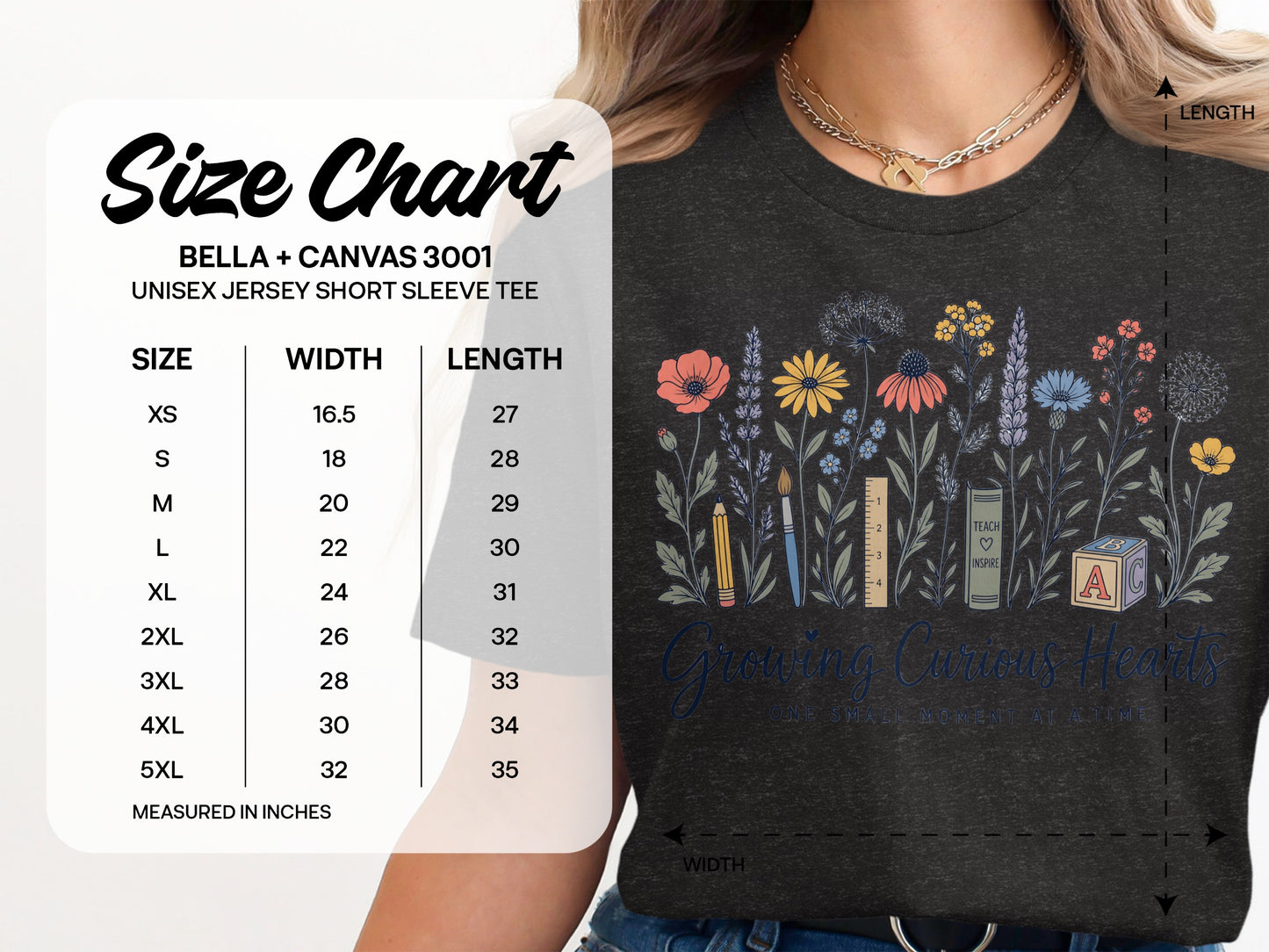 Bella + Canvas 3001 unisex tee size chart with floral and school supply graphic.