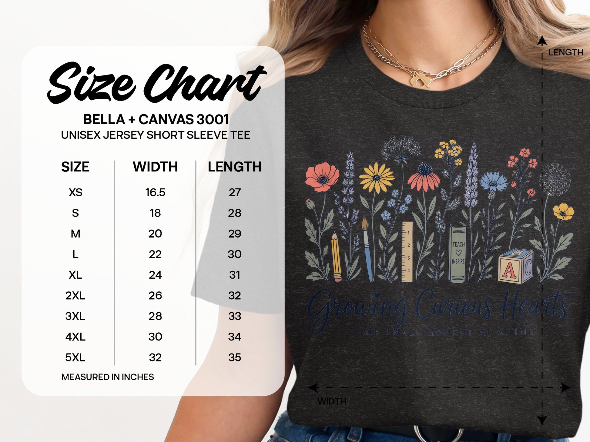 Bella + Canvas 3001 unisex tee size chart with floral and school supply graphic.