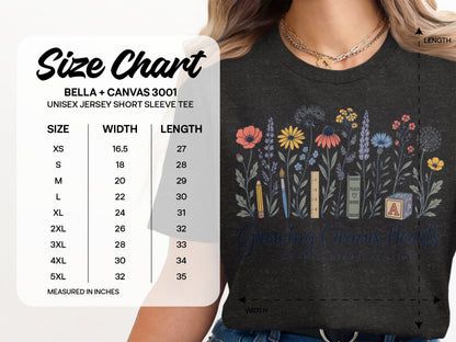 Bella + Canvas 3001 unisex tee size chart with floral and school supply graphic.