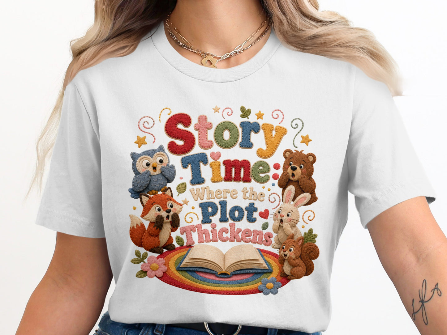 Story Time: Where the Plot Thickens, with woodland animals and an open book.