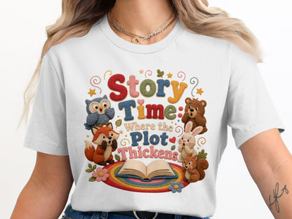 Story Time: Where the Plot Thickens, with woodland animals and an open book.