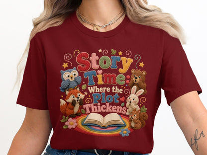 Maroon t-shirt with "Story Time Where the Plot Thickens" and woodland creatures.