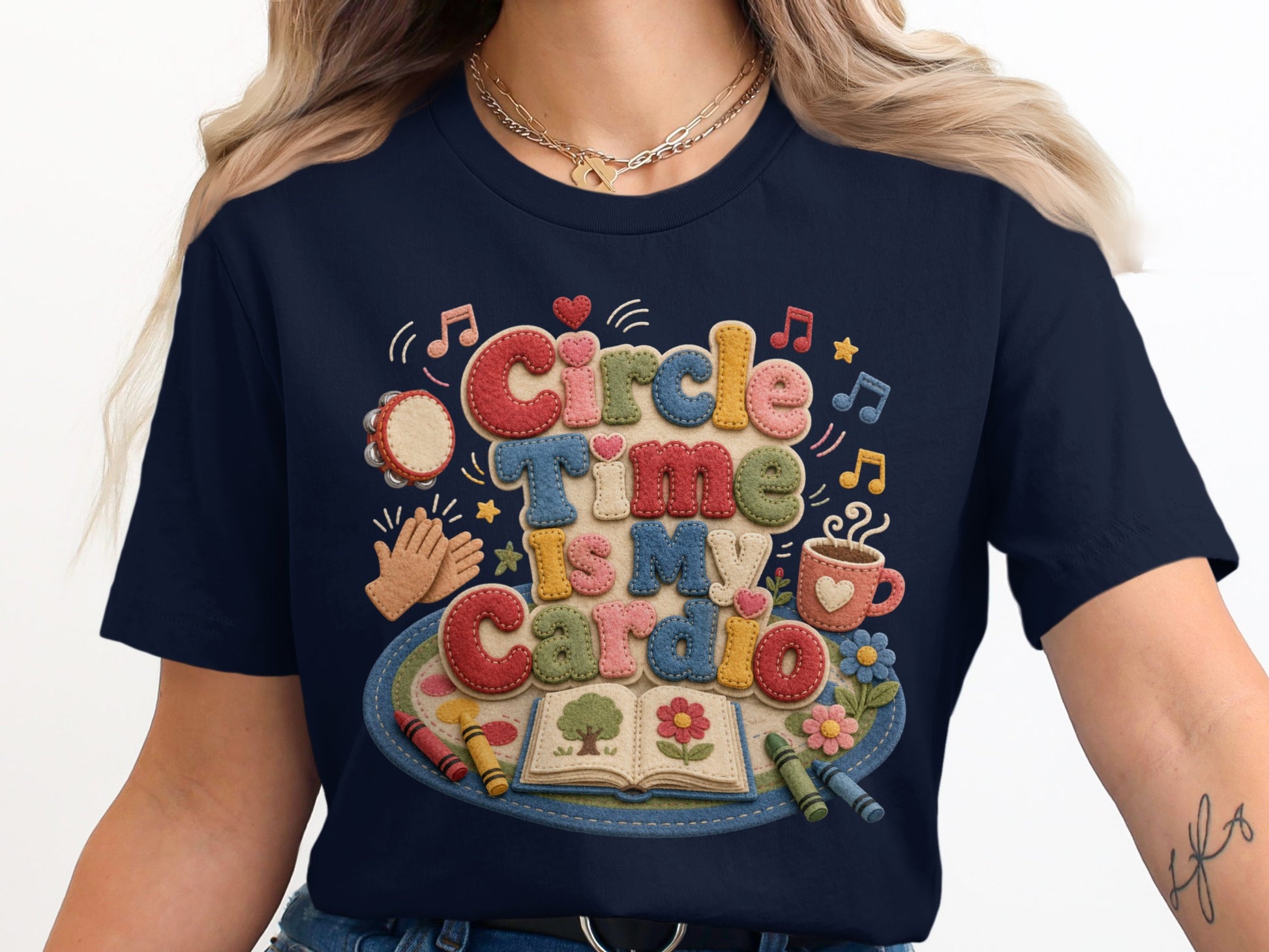 Circle Time Is My Cardio text with arts and crafts theme on navy shirt.