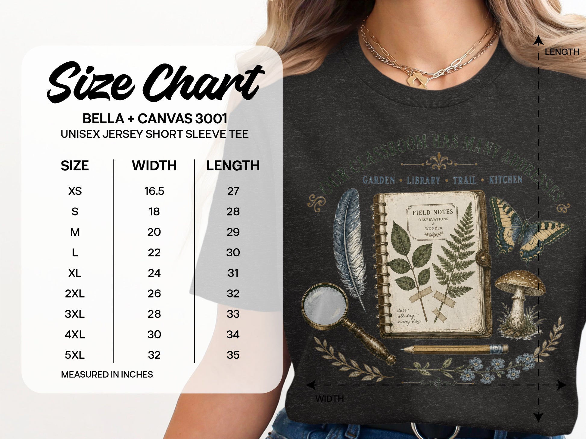 Bella+Canvas 3001 Size Chart for Unisex Short Sleeve Tee in inches.