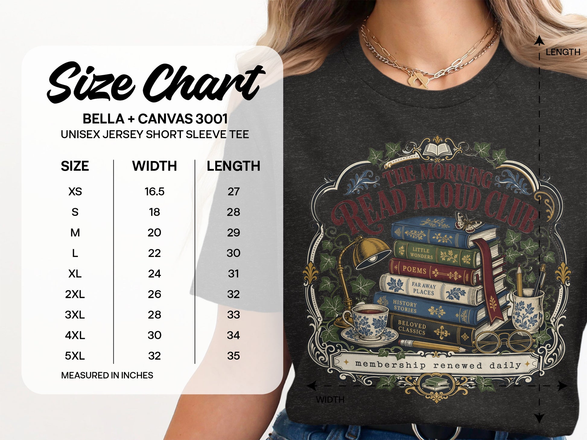 Size chart for Bella + Canvas 3001 unisex short sleeve tee.