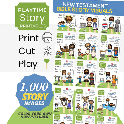 Playtime Story Printables for New Testament Bible stories with print, cut, play instructions.