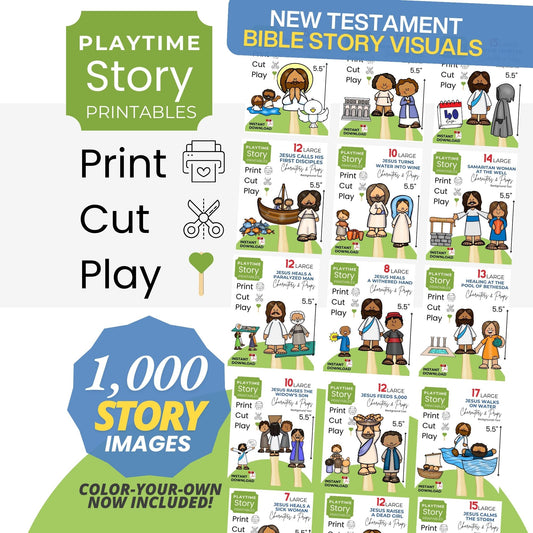 Playtime Story Printables for New Testament Bible stories with print, cut, play instructions.