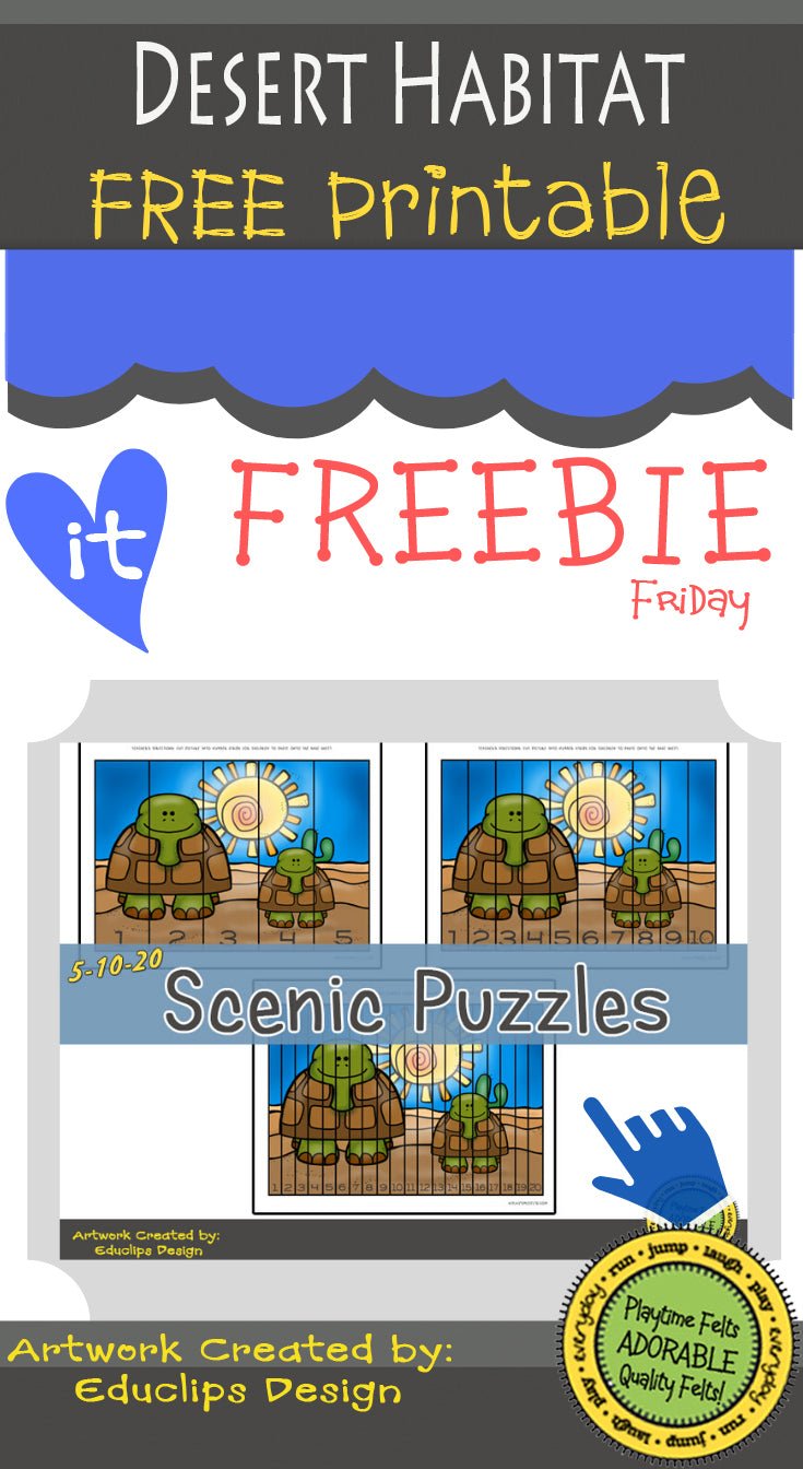 FREE Desert Tortoise 5-10-20 Scenic Cut and Paste Printables - Preschool Activity Sheets Playtime Felts