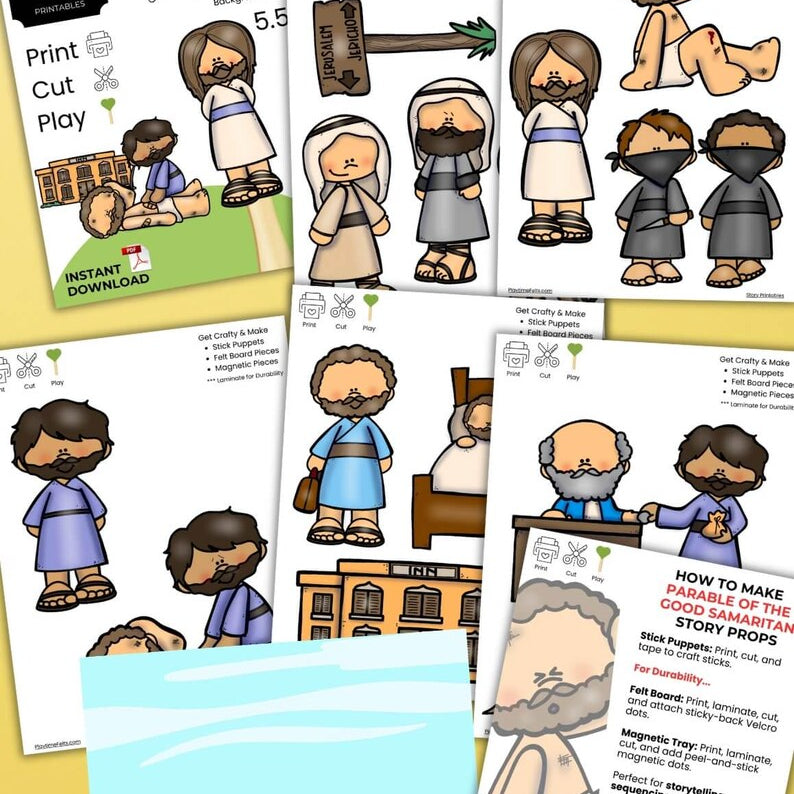 Set of character cutouts and educational materials for the Parable of the Good Samaritan on a yellow background.