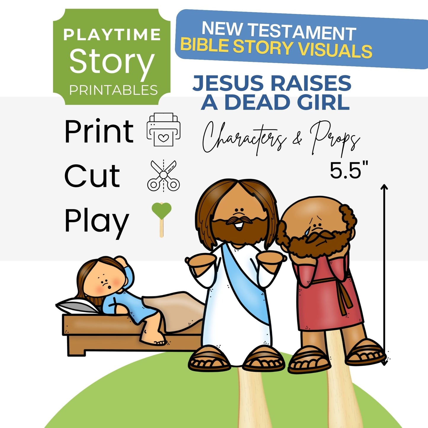 Illustration of Jesus raising a dead girl with text about New Testament Bible story printables.